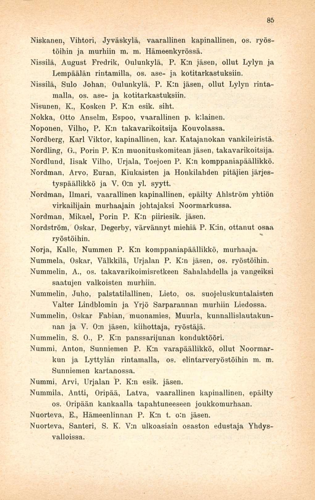 85 Niskanen, Vihtori, Jyväskylä, vaarallinen kapinallinen, os. ryöstöihin ja murhiin m. m. Hämeenkyrössä. Nissilä, August Fredrik, Oulunkylä, P. K:n jäsen, ollut Lylyn ja Lempäälän rintamilla, os.