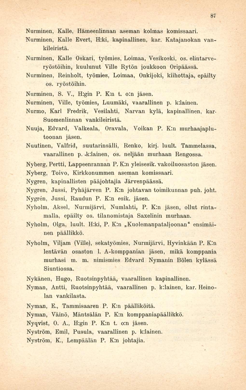 Nurminen, Kalle, Hämeenlinnan aseman kolmas komissaari. Nurminen, Kalle Evert, H:ki, kapinallinen, kar. Katajanokan vankileiristä. Nurminen, Kalle Oskari, työmies, Loimaa, Vesikoski, os.