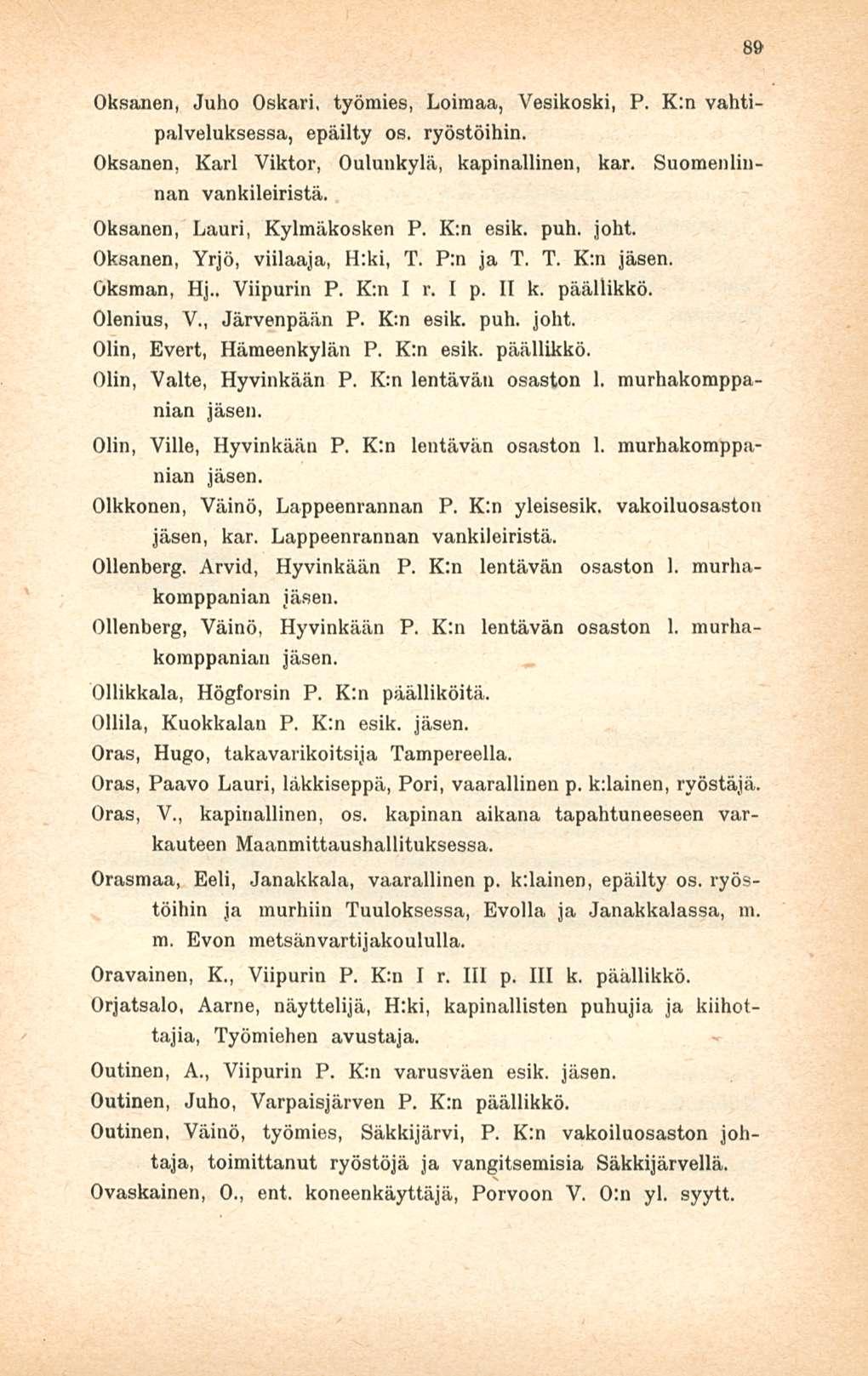 89 Oksanen, Juho Oskari, työmies, Loimaa, Vesikoski, P. K:n vahti palveluksessa, epäilty os. ryöstöihin. Oksanen, Karl Viktor, Oulunkylä, kapinallinen, kar. Suomenlinnan vankileiristä.