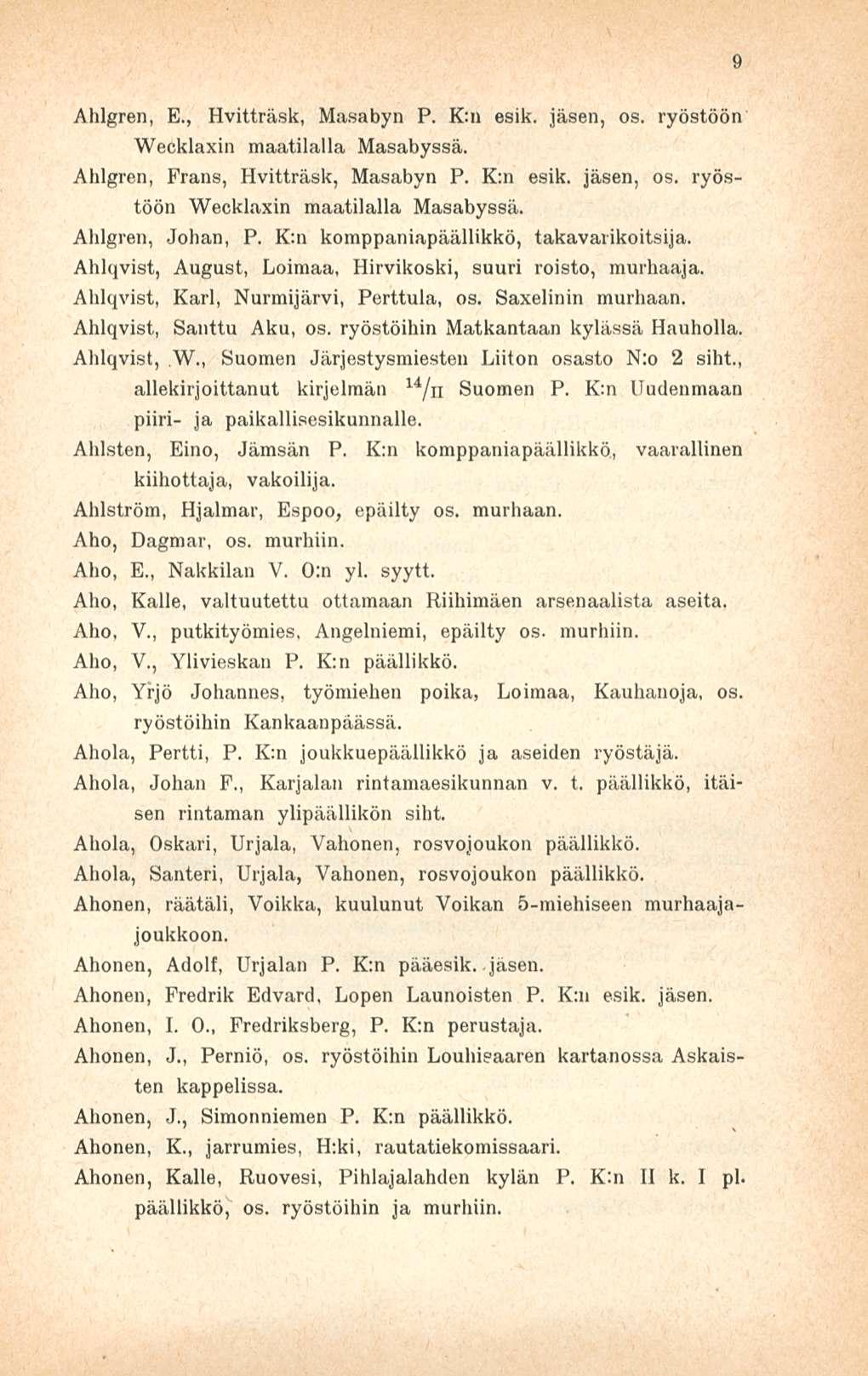 Ahlgren, E., Hvitträsk, Masabyn P. K:n esik. jäsen, os. ryöstöön Wecklaxin maatilalla Masabyssä. Ahlgren, Frans, Hvitträsk, Masabyn P, K:n esik. jäsen, os. ryöstöön Wecklaxin maatilalla Masabyssä. Ahlgren, Johan, P.