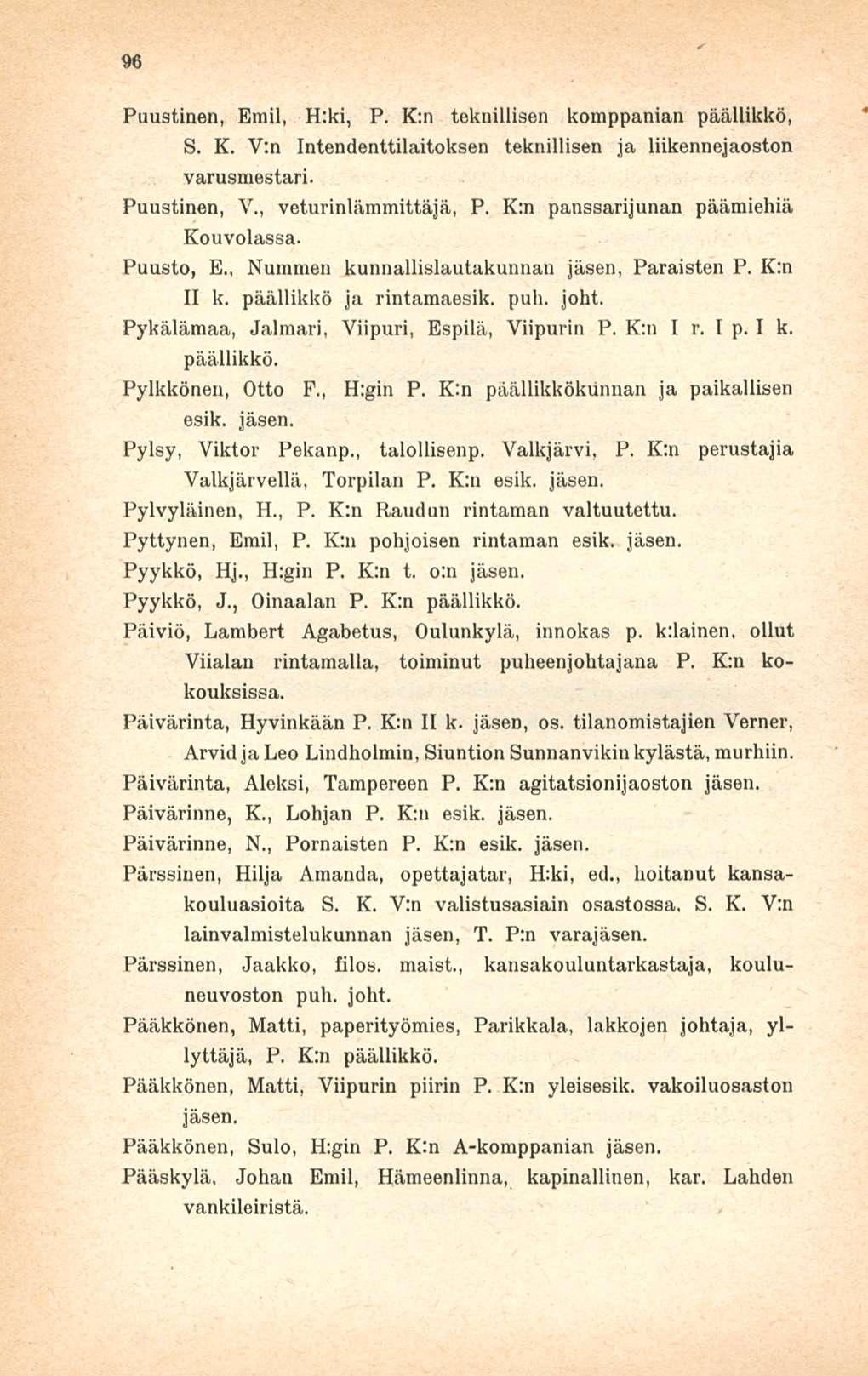 96 Puustinen, Emil, H:ki, P. K:n teknillisen komppanian päällikkö, S. K. V;n Intendenttilaitoksen teknillisen ja liikennejaoston varusmestari. Puustinen, V., veturinlämmittäjä, P.