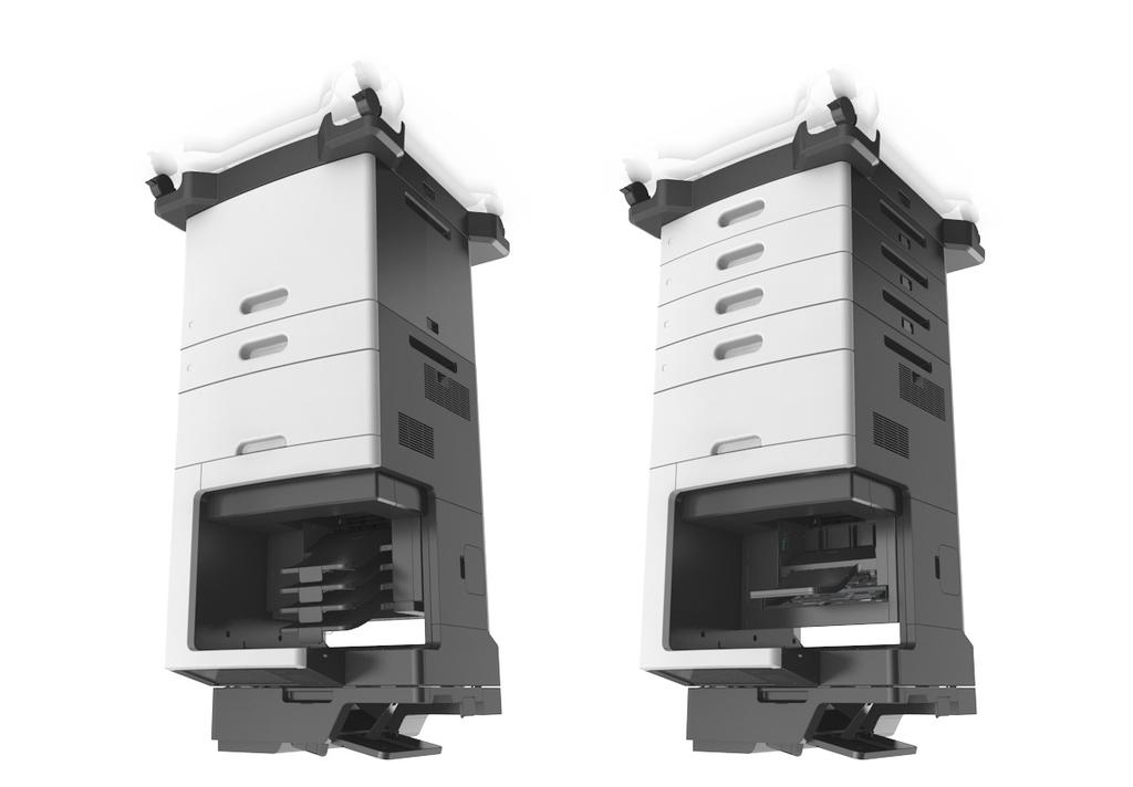 Tietoja tulostimesta 13 Varusteltu malli HUOMIO KAATUMISVAARA: Lattialle asennettu tulostin edellyttää lisätukea. Tulostinjalustaa tai - tukea on käytettävä, jos käytät useita syöttöasetuksia.