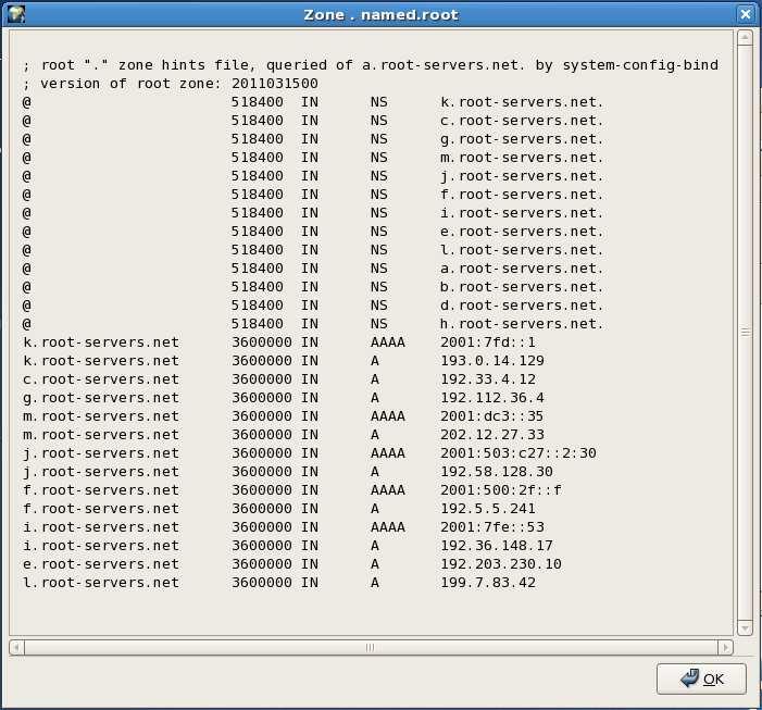 9 Kuva 2. named.root-tiedosto Named.root tiedostossa (Kuva 2.) on listattu kaikkien root-tason palvelimien IPv4- ja IPv6-osoitteet.