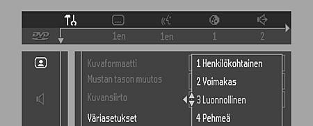 Osan uusinta Satunnaistoisto Satunnaistoiston uusinta Toisto A:sta loppuun A-B-jakson uusinta Kamerakulma Lapsilukko päällä Lapsille sallittu Video shift (kuvan paikan säätö) Tehdasasetuksen mukaan