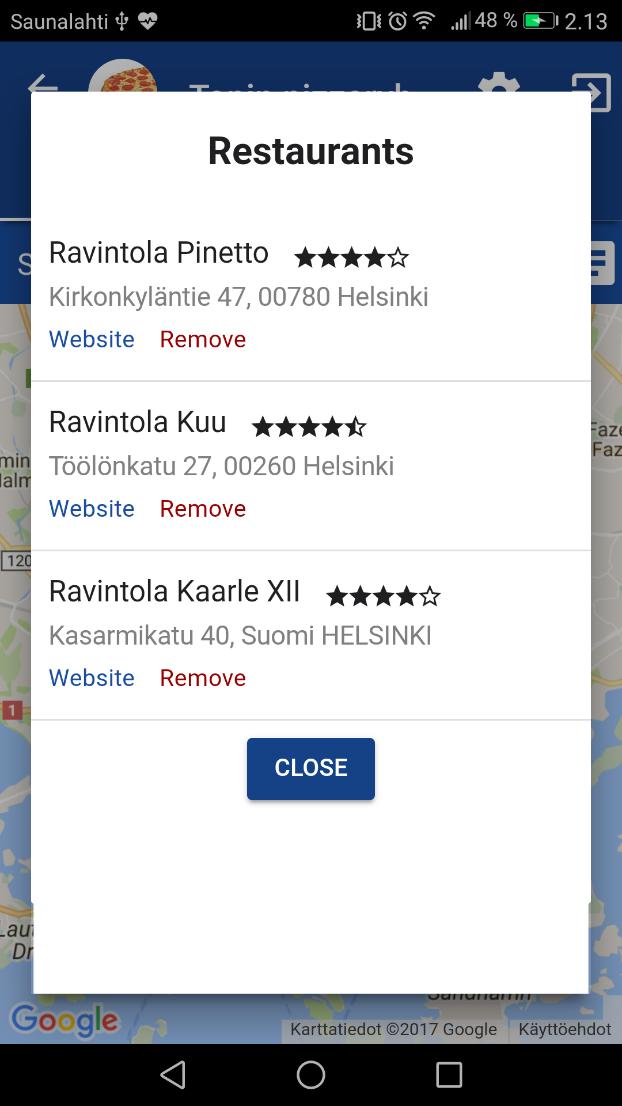 3.4.6 Ryhmänäkymä - ravintolalista Kuvassa 16 on käyttäjien luoma ravintolalista.