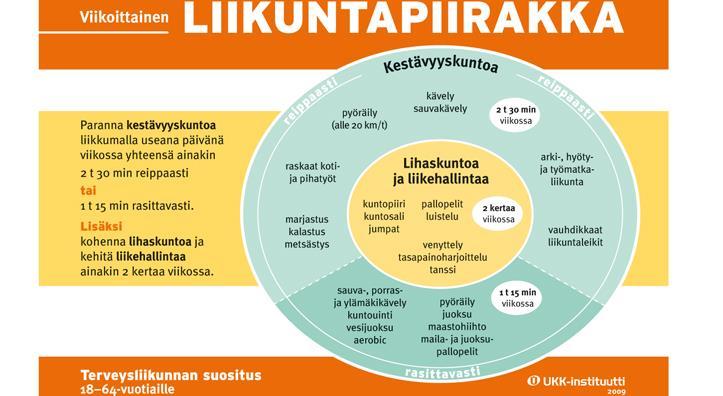 11 Kuva 1. UKK-instituutin liikuntapiirakka 18 64-vuotiaille vuodelta 2009 Tässä opinnäytetyössä terveysliikuntaa käsitellään näiden suositusten avulla.