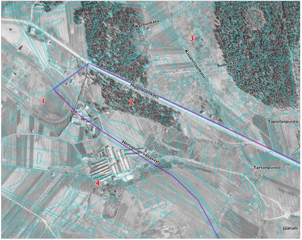 Kuva 32. Hipposkylän alue vuonna 1946. Nykytilanteen rakenne ilmakuvan päällä sinisinä rajoina. Pohjakartta: Tampereen kaupunki 2014 Ilmakuva: Maanmittauslaitos 2010.
