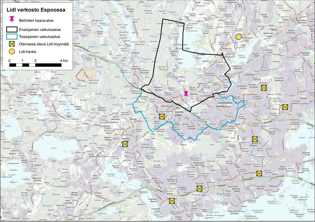 7 Ydinvaikutusalueella ei sijaitse Lidlin päivittäistavaramyymälöitä (Kuva 8). Toissijaisellla vaikutusalueella sijaitsee yksi Lidl-myymälä Muuralassa.