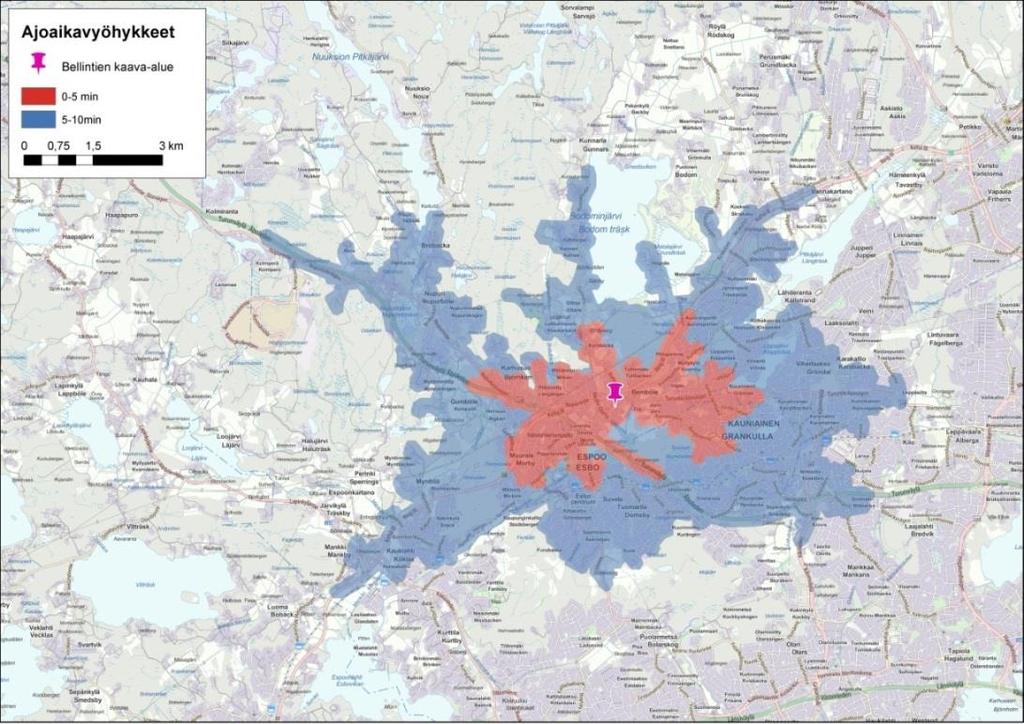 12 3.3 Saavutettavuus ja liikennemäärät eri kulkumuodoilla 3.3.1 Saavutettavuus henkilöautolla ja liikennemäärät Seuraavalla kartalla (Kuva 12) havainnollistetaan Bellintien kaava-alueen