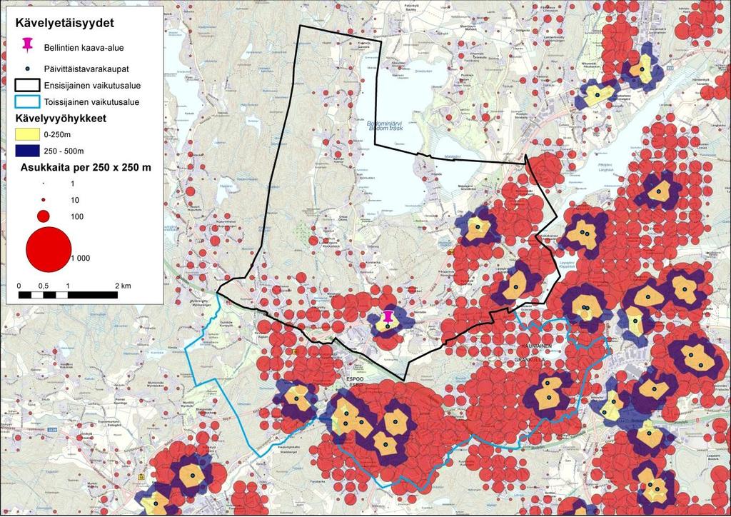 15 3.3.3 Saavutettavuus kevyellä liikenteellä Kuva 15 esitetään Bellintien kaava-alueen ja sen lähialueen päivittäistavarakauppojen kävelysaavutettavuus sekä asukkaat 250 * 250 metrin ruuduissa.