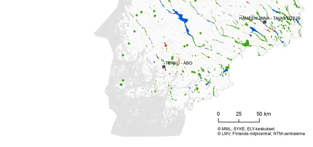 Läntisellä vesienhoitoalueella on huonossa määrällisessä tilassa olevia pohjavesialueita kaksi kappaletta (kuva 8.2.3).