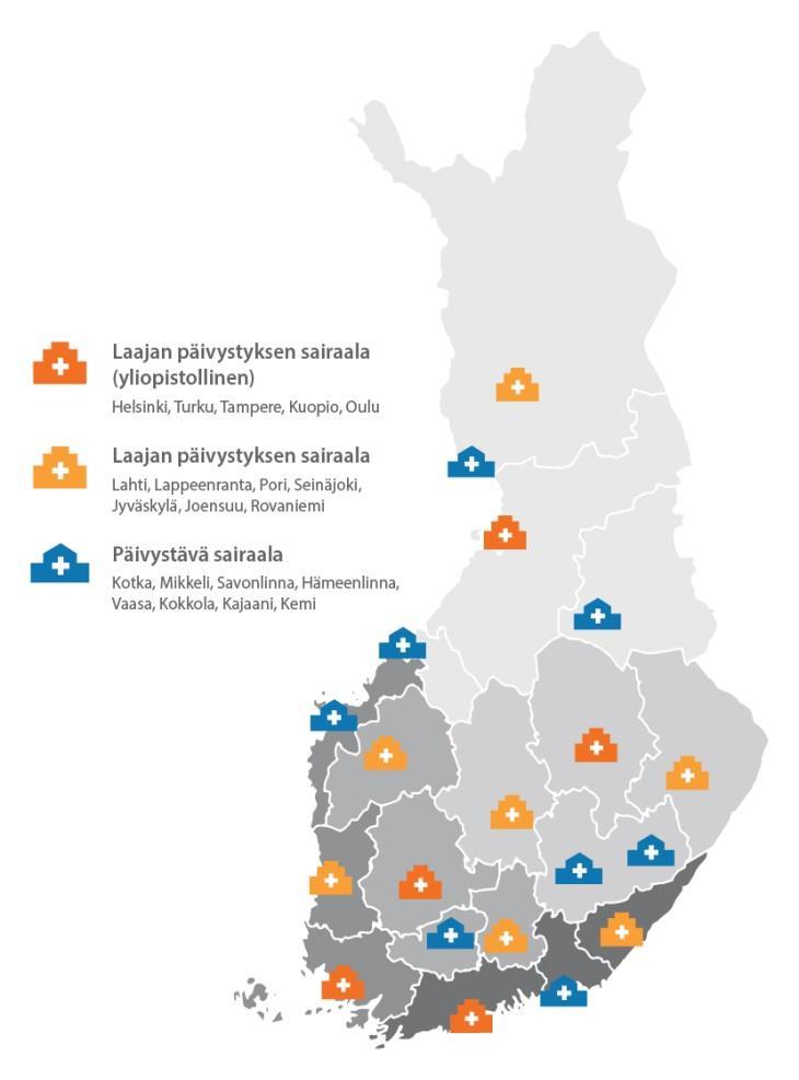 Sosiaalipalvelut sairaaloissa Sosiaalipäivystystä saa vuoden 2018 alusta myös 12 laajan ympärivuorokautisen päivystyksen yksikön yhteydestä: 5 yliopistollista sairaalaa 7 muuta laajan päivystyksen