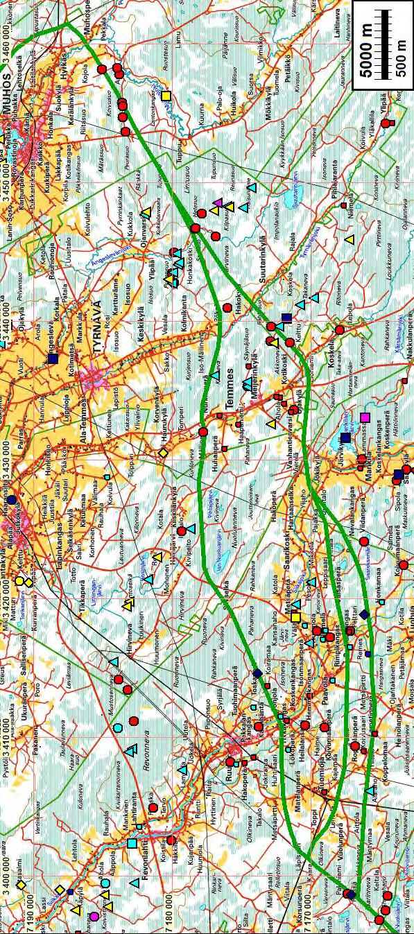 5 Yleiskartta Tutkitut voimajohtolinjaukset vihreällä.