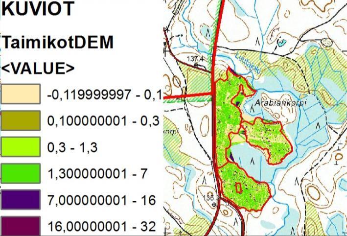 Kuva 18. DEM luokitus, kuvakaappaus ArcGIS 10.2 kuviot 240, 247 ja 331. TIN, eli Triangulated Irregular Network, on kolmioverkkona kuvattua korkeusmallia.