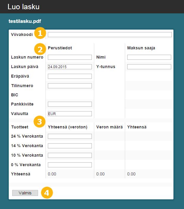 10 Toiminnot: 1. Viivakoodi jos laskulla on viivakoodi (tai virtuaalinen viivakoodi) se voidaan syöttää tähän kenttään. Viivakoodin perusteella täytetään osa kentistä. 2.