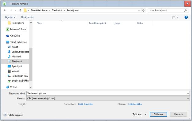 16 2. Tallenna tiedosto CSV (luetteloerotin)(*.csv) -tyyppisenä. 3.