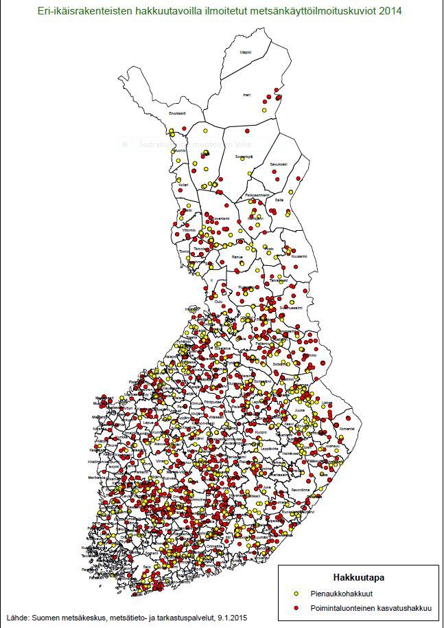 Eri-ikäisrakenteiset hakkuut (aikomukset) koko maassa 2014 Pienaukkohakkuut 1602 ha Poimintahakkuut 3539 ha Yhteensä