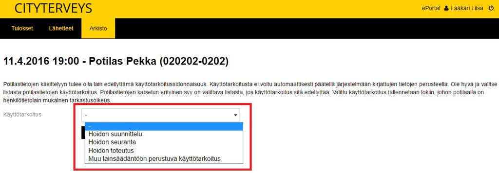 Potilaan käynnin Arkisto-näkymässä näet potilaan tutkimukseen liittyvät tulokset sekä