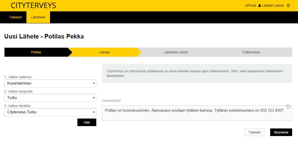 Valitse klinikka: Klinikka tulee kaupunkivalinnan kautta automaattisesti koska toistaiseksi Cityterveydellä on maksimissaan yksi klinikka per kaupunki.