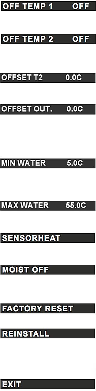 KÄYTTÖÖNOTTO JA VALIKOT SETUP Alueen 1 lämpötilan alarajan asetus: -20 C tai (OFF) ei alarajaa. Alueen 2 lämpötilan alarajan asetus: -20 C tai (OFF) ei alarajaa.