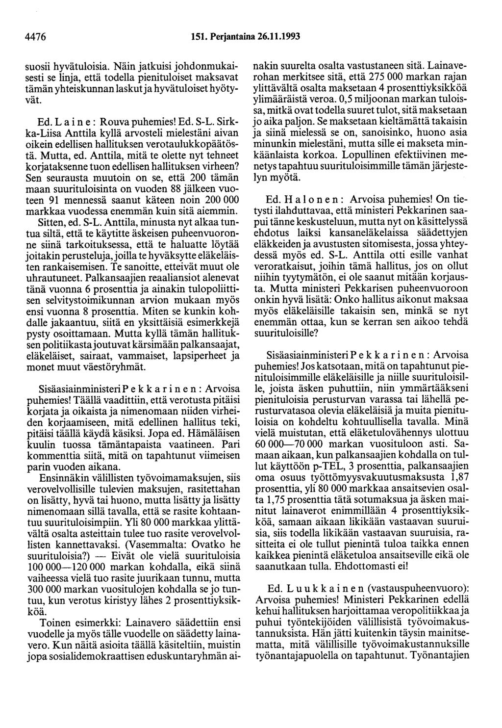 4476 151. Perjantaina 26.11.1993 suosii hyvätuloisia. Näin jatkuisi johdonmukaisesti se linja, että todella pienituloiset maksavat tämän yhteiskunnan laskut ja hyvätuloiset hyötyvät. Ed.