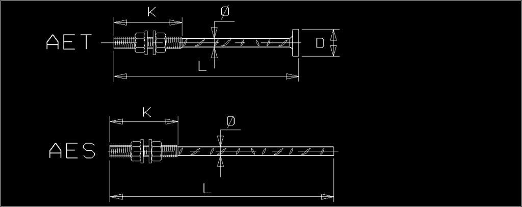 4 2.6 Peruspulttien mitat 2.6.1 AET ja AES peruspultit AET ja AES peruspulttia käytetään pilarin liittämiseen perustukseen AK-K kengällä normaali- ja leikkausvoimaa sekä taivutusmomenttia siirtävässä liitoksessa.