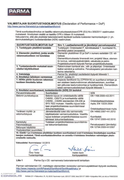 Kuva 3. Suoritustasoilmoitus, laattaelementit (Parma Oy) 2.