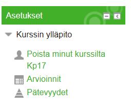 Arvioinnitnäkymään pääset kurssin ylläpito - asetuksista, jotka löydät kurssialueella sivun vasemmassa laidassa.