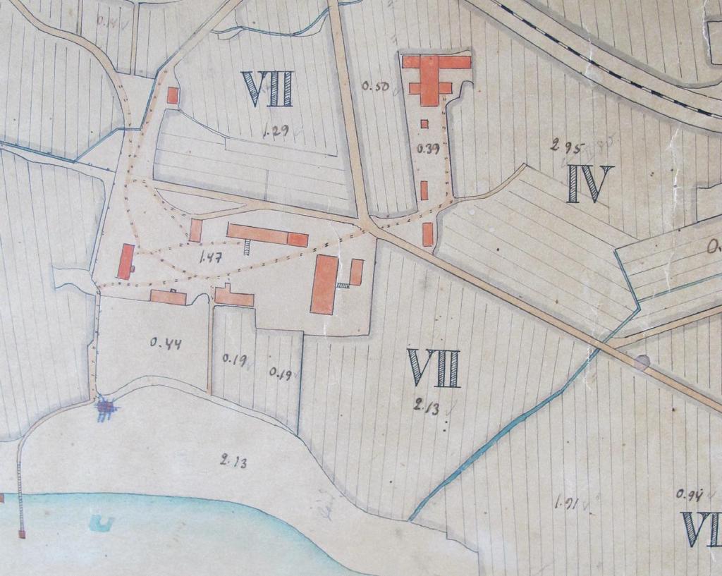 Kuva 6. Kartta Knuutilan kartanon viljelyksistä Pirkkalassa. Tehnyt Poutiainen v. 1921. Viljelyssuunnitelman tehnyt maisteri R.V. Nieminen.