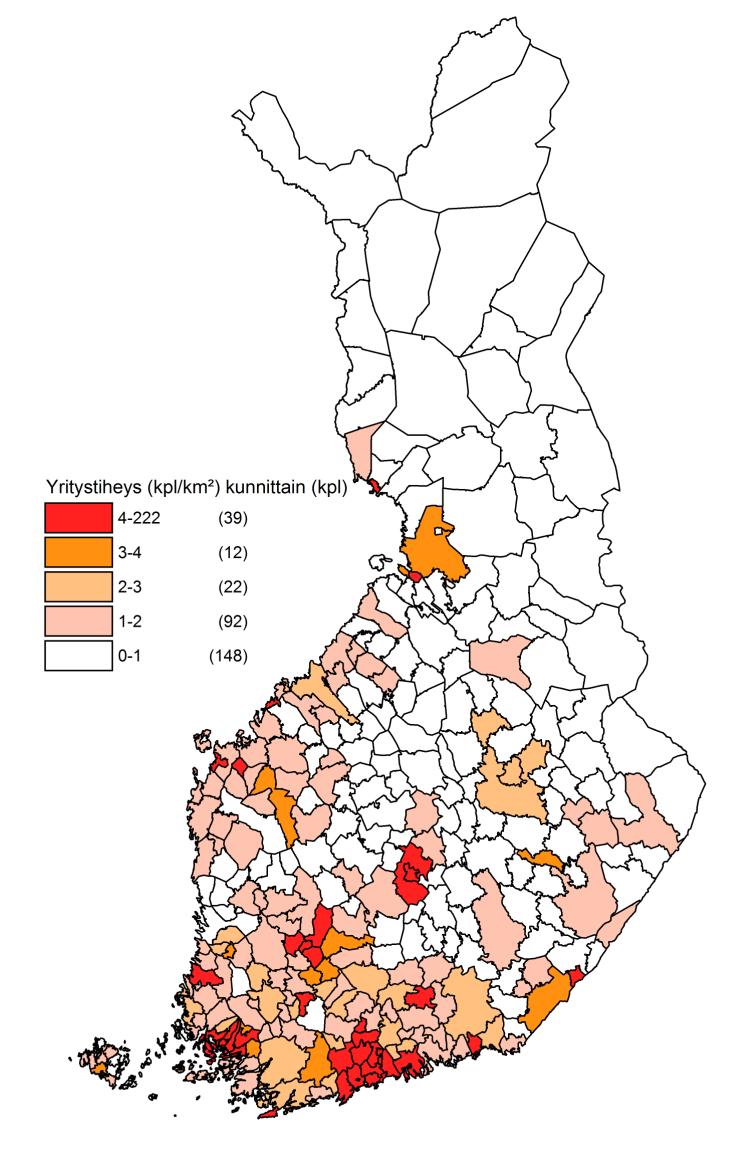 19 (56) Kuvio 1. Yritysten toimipaikkojen tiheys kunnittain (Tilastokeskus 2016) 32 Vastaavasti seuraavasta kartasta näkyy kuinka paljon teleyrityksillä on kiinteitä yhteyksiä kunnittain.