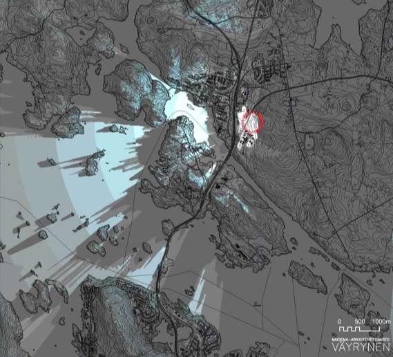 45 (136) mallista vaikutusta. Näkymäalueen vyöhykkeet tummentuvat kuvassa kilometrin välein. Puusto rajoittaa kohteen havaittavuutta ratkaisevasti.