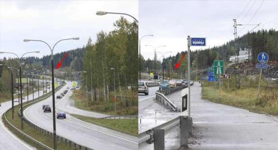 47 (136) Kuvassa 9.3/8 on kaksi näkymää hankealueelle etelästä Vt 5:n suunnasta katsottuna. Punaisella nuolella on osoitettu Joensuuntien reunaan tulevan penkereen sijainti.
