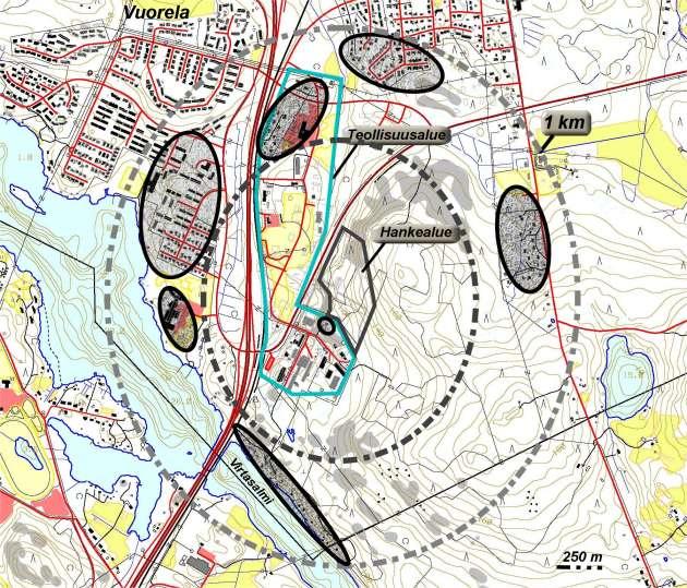 97 (136) Kuva 9.9/3. Lähimpien tärinälle herkkien kohteiden (asuin- ja lomakiinteistöt) sijoittuminen hankealueen ympäristössä (kohteet rajattu mustalla).