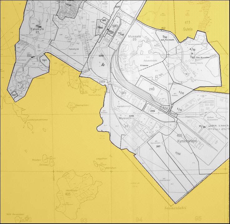 42(190) Kuva 26. Nykyisen asemakaava-alueen rajautuminen Mussalon satamaa ympäröivillä ranta- ja vesialueilla. Oranssilla värjätyt alueet ml.