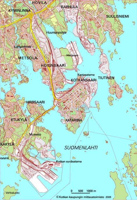 44(190) Kuva 28. Ote Kotkan opaskartasta. Mussaloon johtava Merituulentie on merkitty keltaisella värillä. 7-tie (moottoritie E18) näkyy keltaisella värillä kartan ylälaidassa.