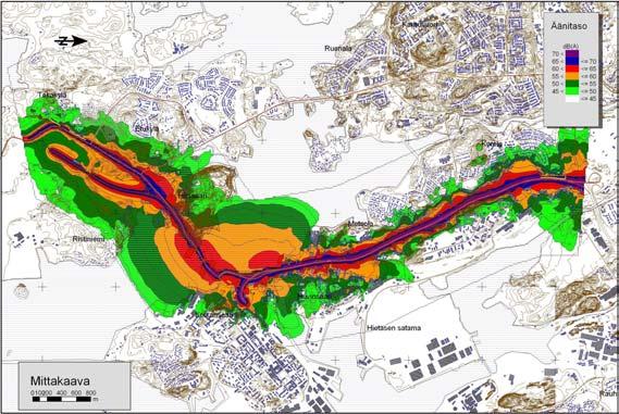 98(190) Kuva 64. Täysimittaisen laajennuksen (VE1, VE2, VE3, VE4) tie- ja raideliikenteen melualueet LAeq päivällä klo 7-22. Raideliikenne välillä satama-alue - Hirssaari. Laskentakorkeus mp +2m.