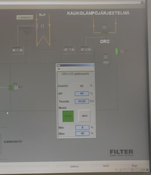 KUVA 6. ORC kuumaöljysäätöventtiilin säätö CHP-laitoksen valvomon tietokoneelta Kaukolämpökuorman suuruus vaikuttaa päällimmäisenä kuumaöljyn lämpötilaan ja tarvittavaan massavirtaan.