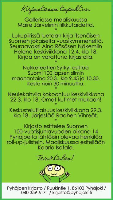 Pyhäjoen Kuulumiset 18.3.2017 sivu 5 Lähde mukaan! KESÄLOMARETKELLE TAMPEREEN SUUNNALLE 19.-21.6.2017 Käymme menomatkalla Ähtärin eläinpuistossa.