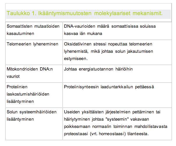 Vanhenemisen biologiaa Replikatiivinen seneskenssi telomeeririippuvainen, sisäinen kello solut eivät jakaudu, geeniprofiili muuttuu Onkogeenisyntyinen seneskenssi telomeereista riippumaton,