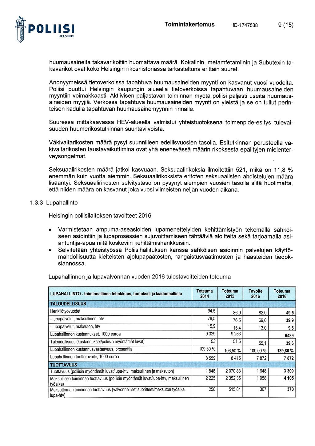 ID-1747538 9 (15) huumausaineita takavarikoitiin huomattava määrä. Kokaiinin, metamfetamiinin ja Subutexin takavarikot ovat koko Helsingin rikoshistoriassa tarkasteltuna erittäin suuret.