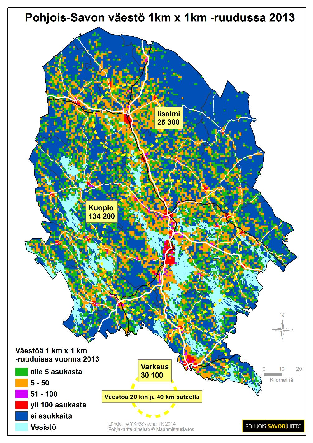 27 Kuva 7. Pohjois-Savon väestö 1x1 km ruuduissa vuonna 2013 LÄHTÖTILANNETARKASTELU Pohjois-Savon palvelukeskittymien kuvauksessa on hyödynnetty ns.