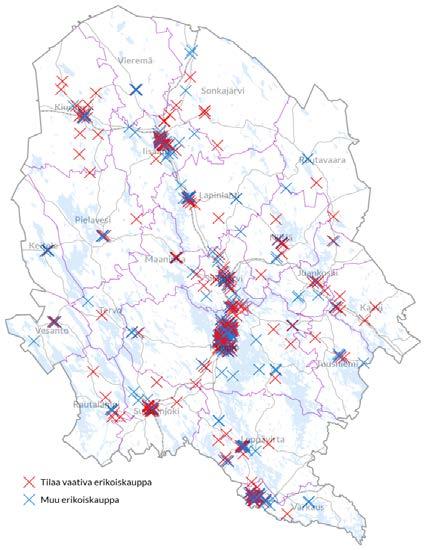 196 000 k-m2 ja erikoiskaupan osuutta 831 000 k-m2. Yli puolet kerrosalasta sijoittui Kuopion seudulle.