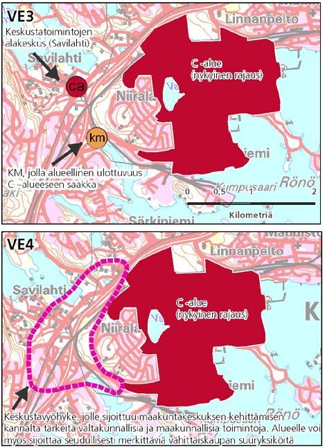 Kuvassa katkoviivarajauksella esitettyä alakeskuksen vaikutusaluetta ei osoiteta vahvistettavalla maakuntakaavakartalla, vaan se osoitetaan ohjeellisena rajauksena erillisessä asiakirjassa, muiden