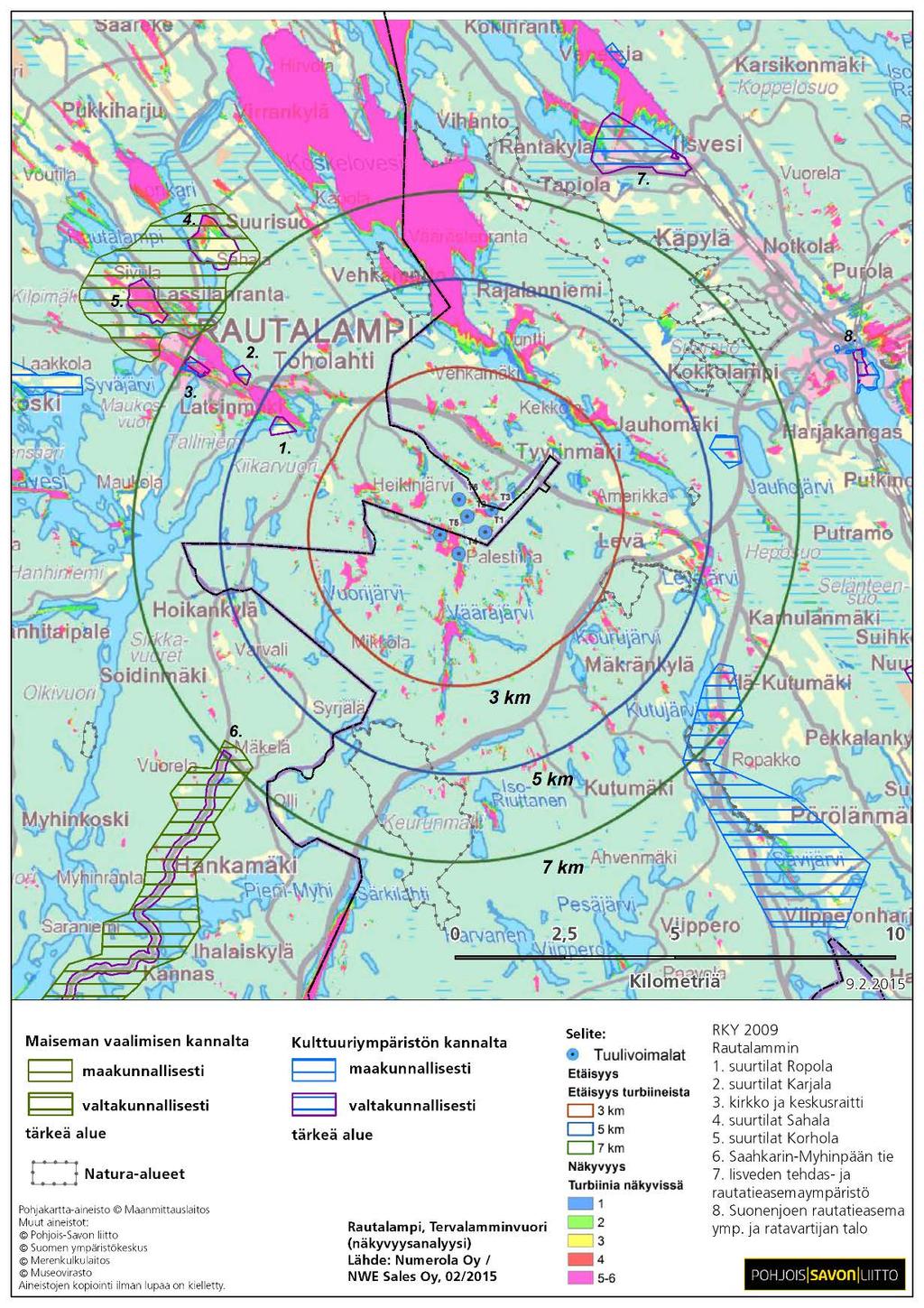 90 Kuva 25. Tuulivoimaloiden näkyminen ympäristössä maastomuodot ja metsät huomioituna. Maakuntakaavan tuulivoima-alue sijoittuu kartan keskelle.