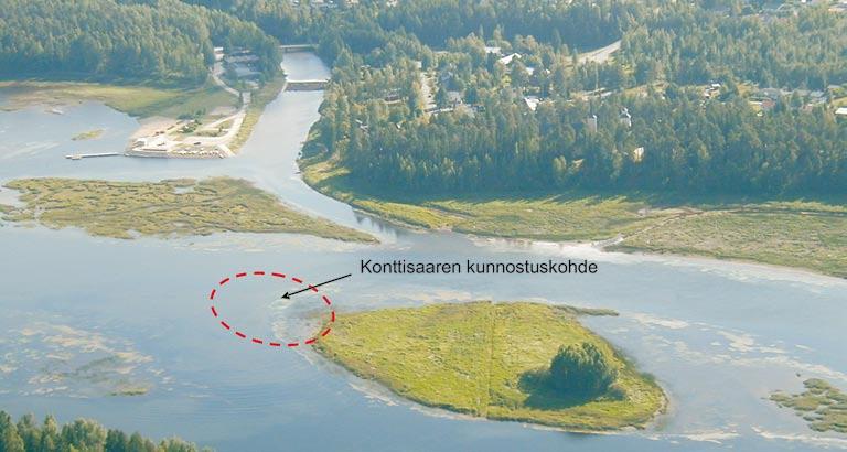 Kuva 6.2. Ilmakuva Konttisaaren kunnostuskohteen alueesta. Kuva: H. Törttö. suojakiviä pysyvyyden varmistamiseksi.