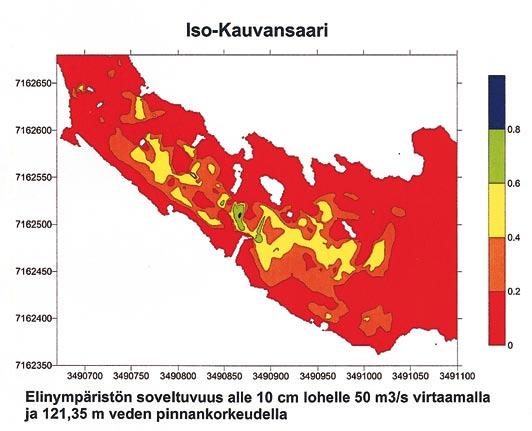 Kuvat 5 8. Kunnostusmallinnuksen elinympäristöt alle 10 cm:lle lohen poikasille. Kuvat 6.5 6.8. Kunnostusmallinnuksen elinympäristöt alle 10 cm:lle lohen poikasille. Harjuksen luontaisen elinkierron edellytykset paranevat alueella huomattavasti kunnostuksen jälkeen.