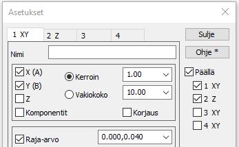 - Tuonti- ja Vienti-painikkeilla voidaan asetukset lukea tai kirjoittaa tiedostoon. Vienti Alt-näppäimen kanssa kirjoittaa vain aktiivisen välilehden asetukset.