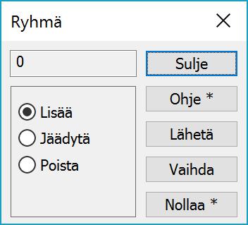 Ryhmä Ryhmän hallinta löytyy valikon kohdasta Työkalut Ryhmä. Toiminto näyttää ryhmässä olevien pisteiden määrän sekä lisäystilan.