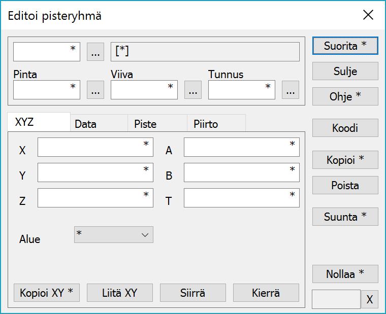 6. Pisteryhmä (Editointi Pisteet Ryhmä) Pisteryhmän editoinnilla voidaan muuttaa ryhmään valittujen kohteiden koordinaatteja ja ominaisuuksia. Toiminto voidaan avata myös pikanäppäimellä Ctrl-G.