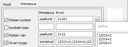 Esimerkki 2: Tie (MML:n koodaus) - Koodi: 25:Tieviiva - Ominaisuus: kohdeluokka Kooditiedoston editointi normaalin dialogien kautta tapahtuvan lisäksi: - Symbolieditori Yksittäisen symbolin luonti ja